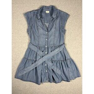 Elan Cotton Tie-Waist Denim Tiered Shirt Dress Cowgirl Festival Boho Size Medium